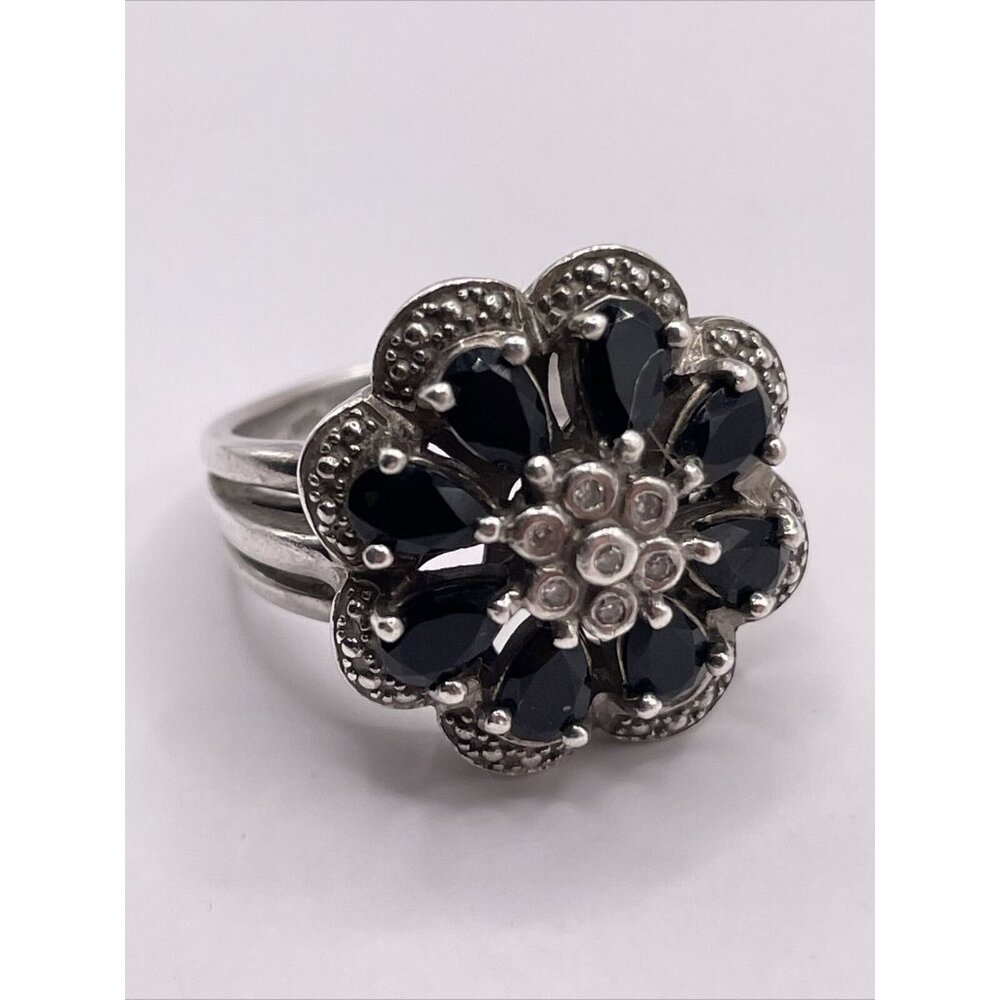 Black Onyx Diamond Marcasite 925 Sterling Silver Flower Ring Size 6.75 ‎ R123